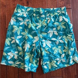 Columbia Blue Yellow Fishing Design Swim Shorts Size XL Inside Mesh Brief PFG